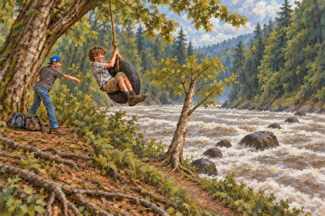 Luke smiles on a tire swing while Cory stands beside him on the wooded riverbank.
