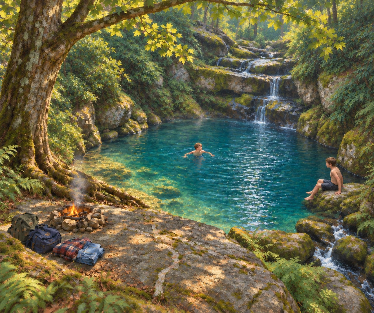 One boy swims in a wooded spring while the other sits on the bank.