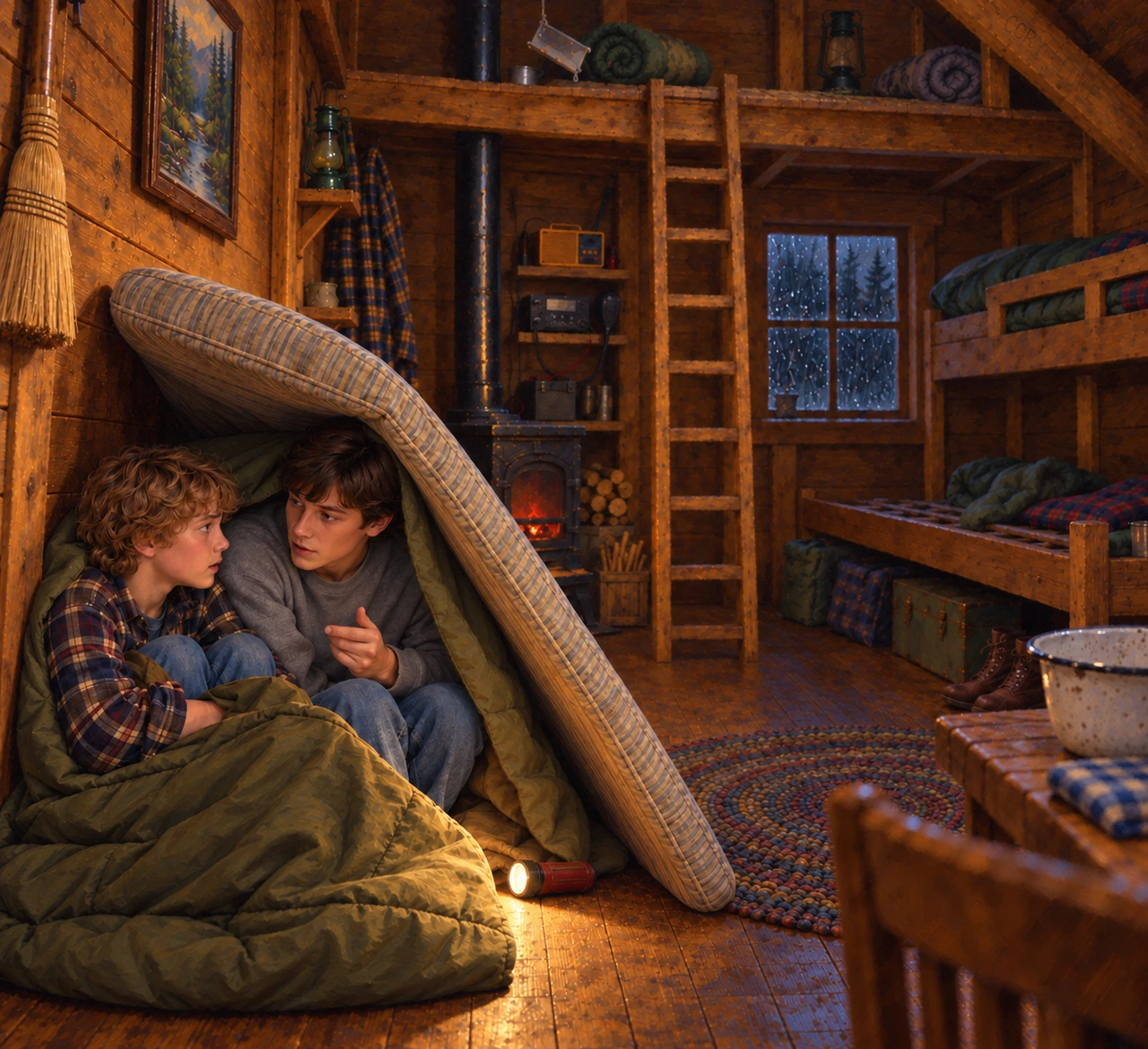 Luke and Cory shelter beneath a propped mattress inside the cabin during the storm.