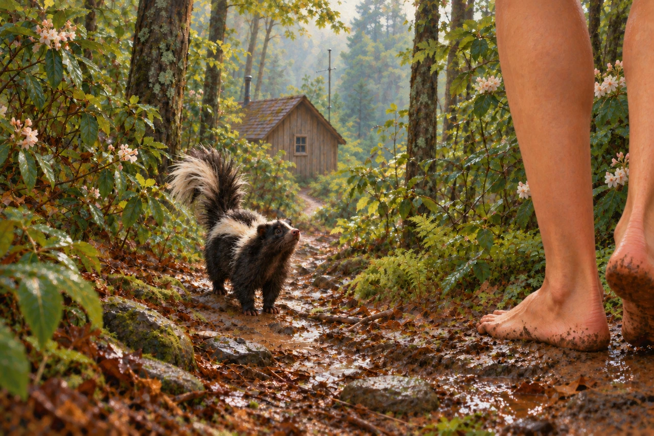 A skunk raises its tail on the muddy trail between a boy’s bare feet and the distant privy.