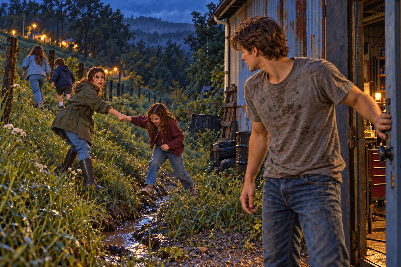 A young man watches from a shed doorway as a woman helps a child up the muddy hillside.