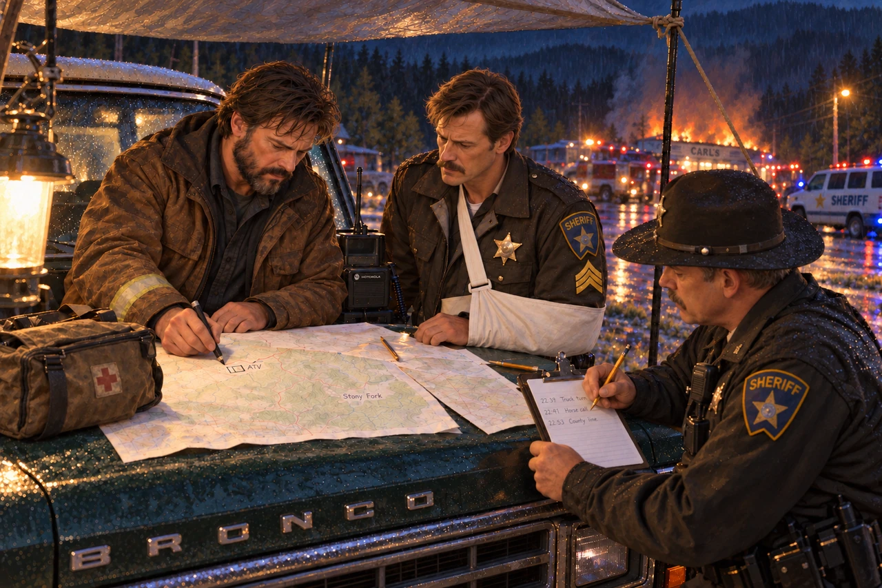 James and two officers examine a search map on a vehicle hood in the rain outside Carl’s.
