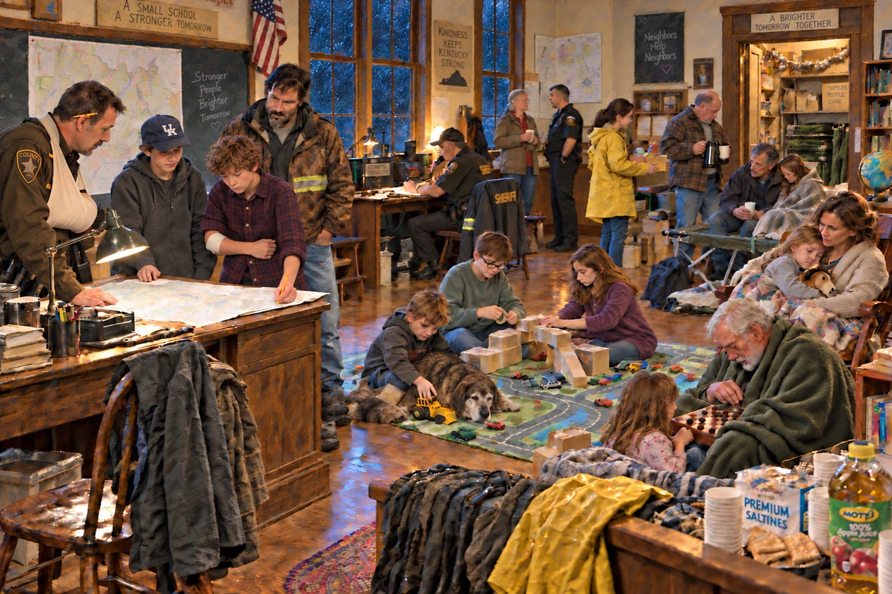 Neighbors shelter in a schoolroom, sharing maps, supplies, games, blankets, and company during the storm.