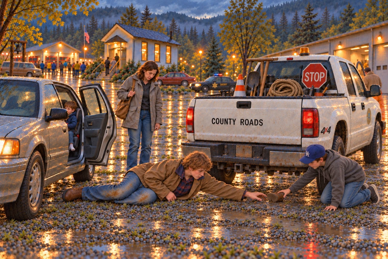 Luke reaches beneath a county-roads truck toward a child’s boot while Cory helps from the other side.