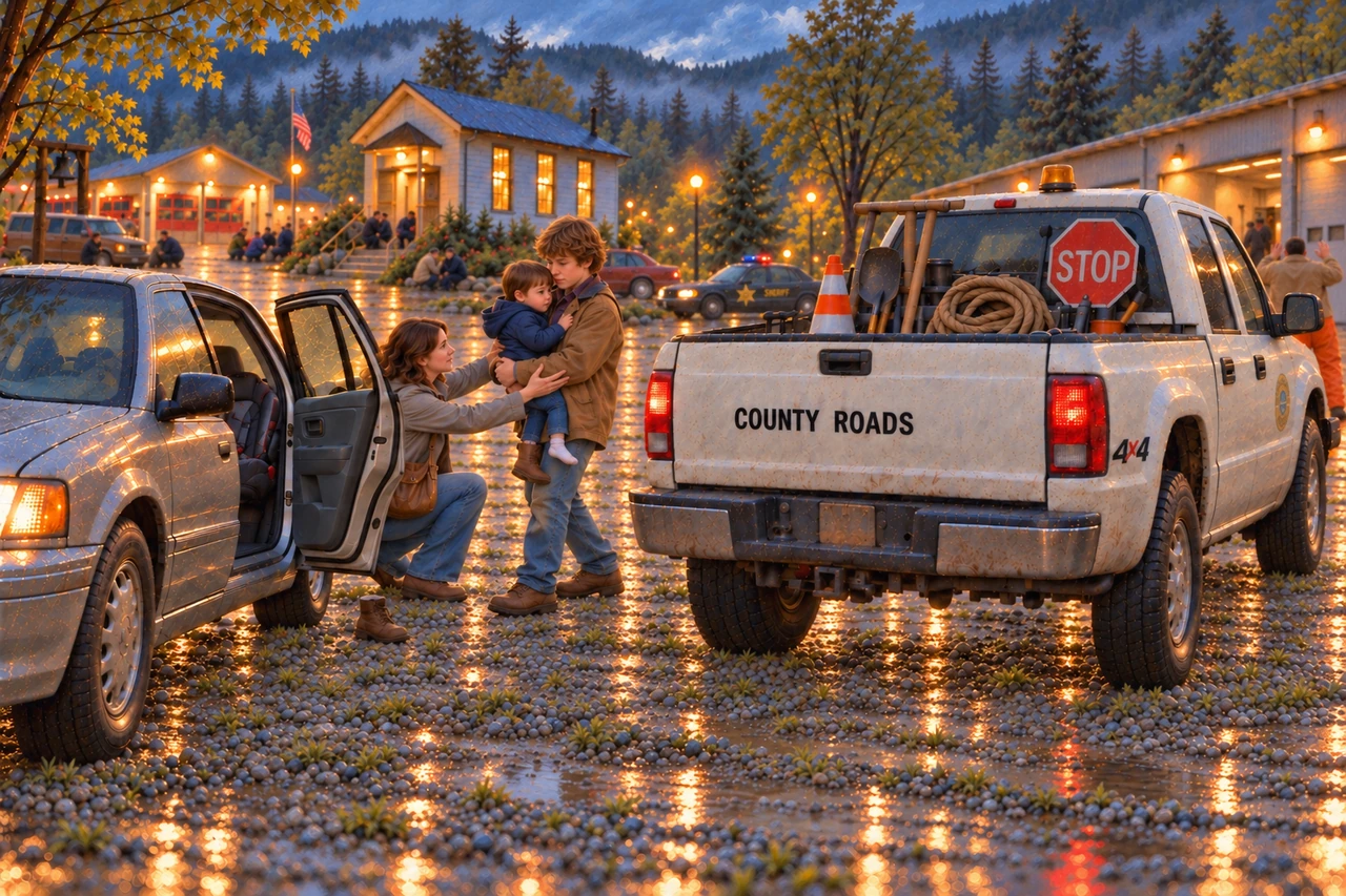 Luke holds a small boy beside an open vehicle door as his mother reaches toward them.