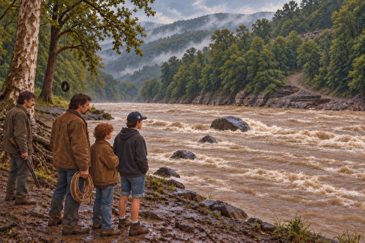 Luke, Cory, and two men stand on the bank looking across the flooded river and submerged rocks.