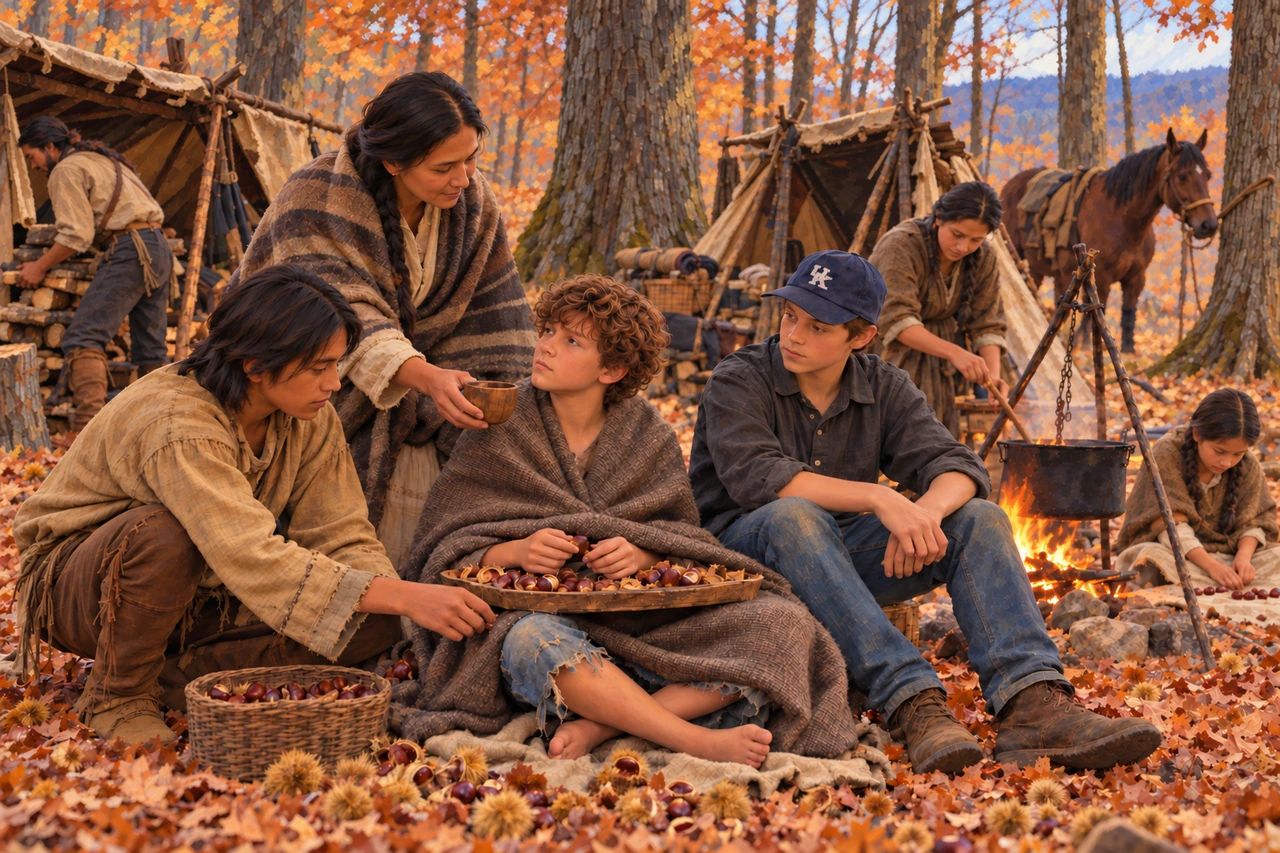Luke, wrapped in a blanket, sits with Anthony and Cory as a woman offers him a cup in the autumn camp.