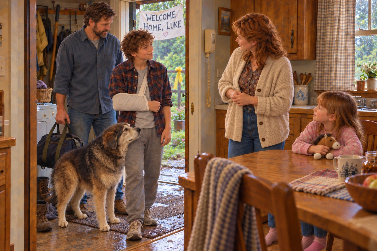 James, Ramona, Julie, and Blue welcome Luke home beneath a handmade sign.