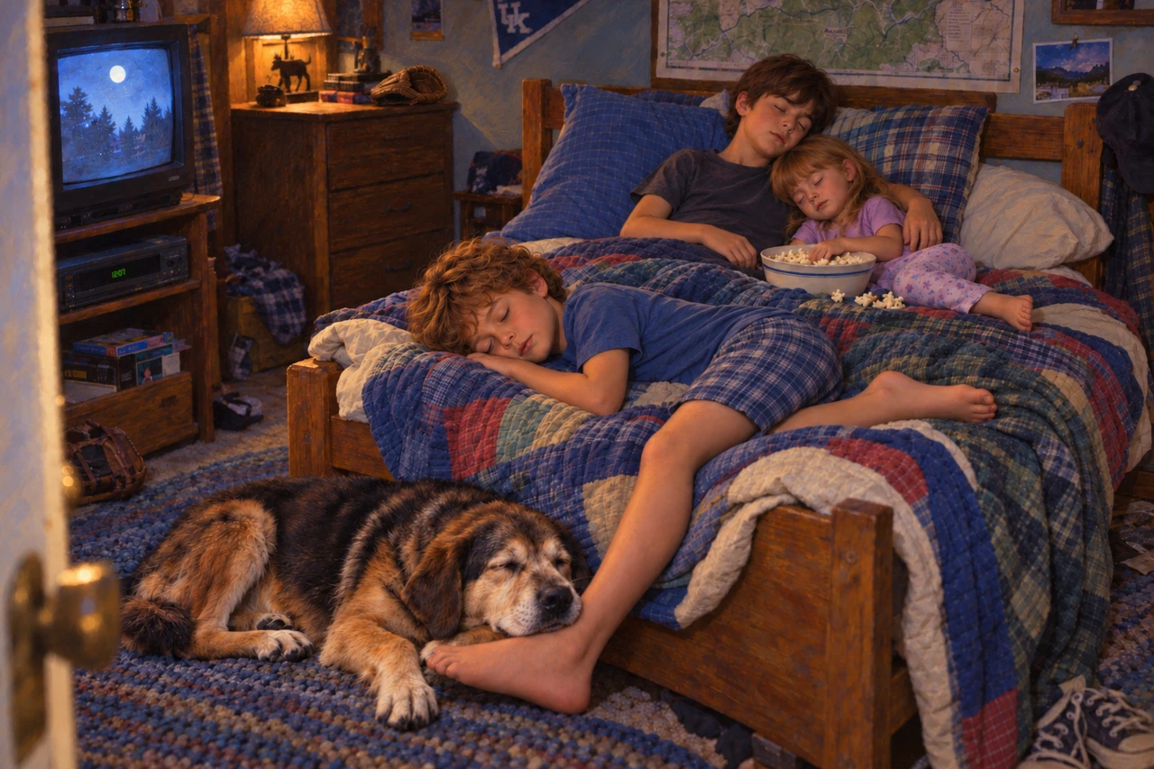 Luke, Cory, Julie, and Blue rest together during a quiet movie night.