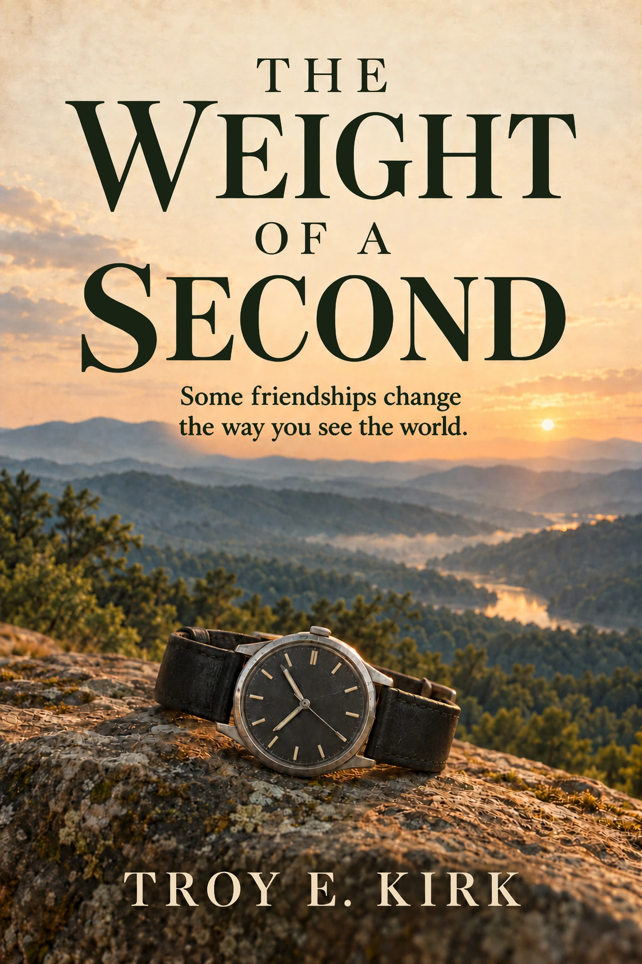 Book cover for The Weight of a Second by Troy E. Kirk: a wristwatch overlooking a sunlit Appalachian river valley.